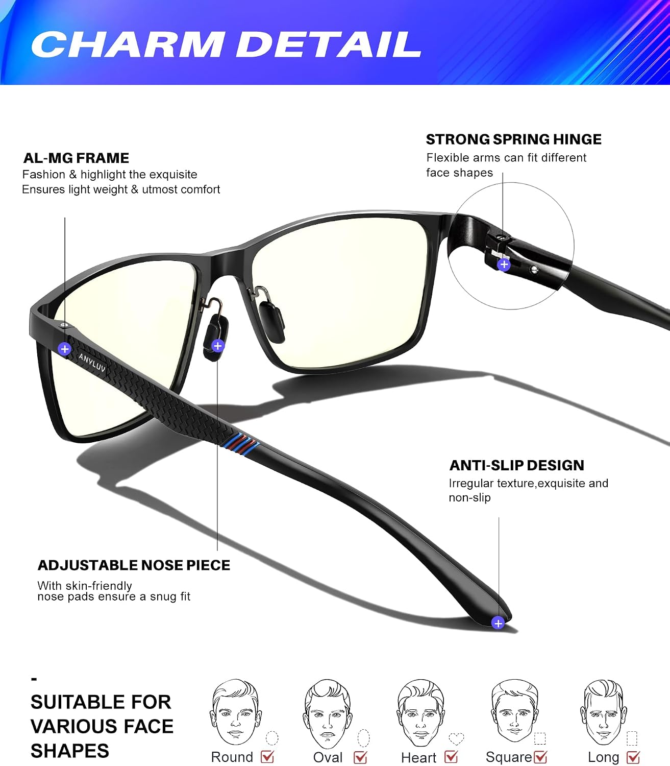ANYLUV Blue Light Glasses Men, Relieve Eyestrain and Eye Protection, Al-Mg Metal Computer Blue Light Blocking Glasses