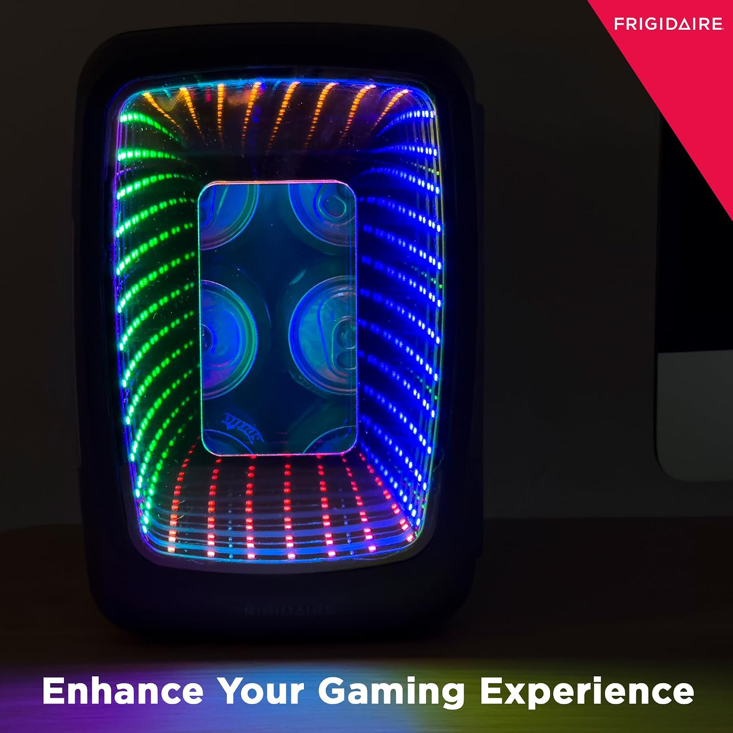 Frigidaire Gaming Light Up Mini Beverage Refrigerator, 6 can, 4 liters, Cooler with large see through door and LED lights Perfect for Gaming Experience, Home, Office, or Cars.12V Charger (Stealth)