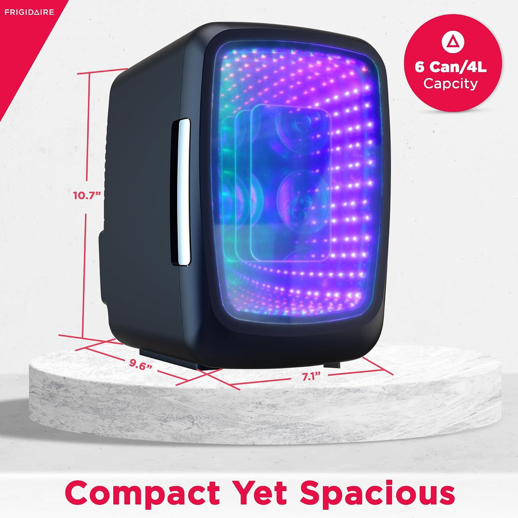 Frigidaire Gaming Light Up Mini Beverage Refrigerator, 6 can, 4 liters, Cooler with large see through door and LED lights Perfect for Gaming Experience, Home, Office, or Cars.12V Charger (Stealth)