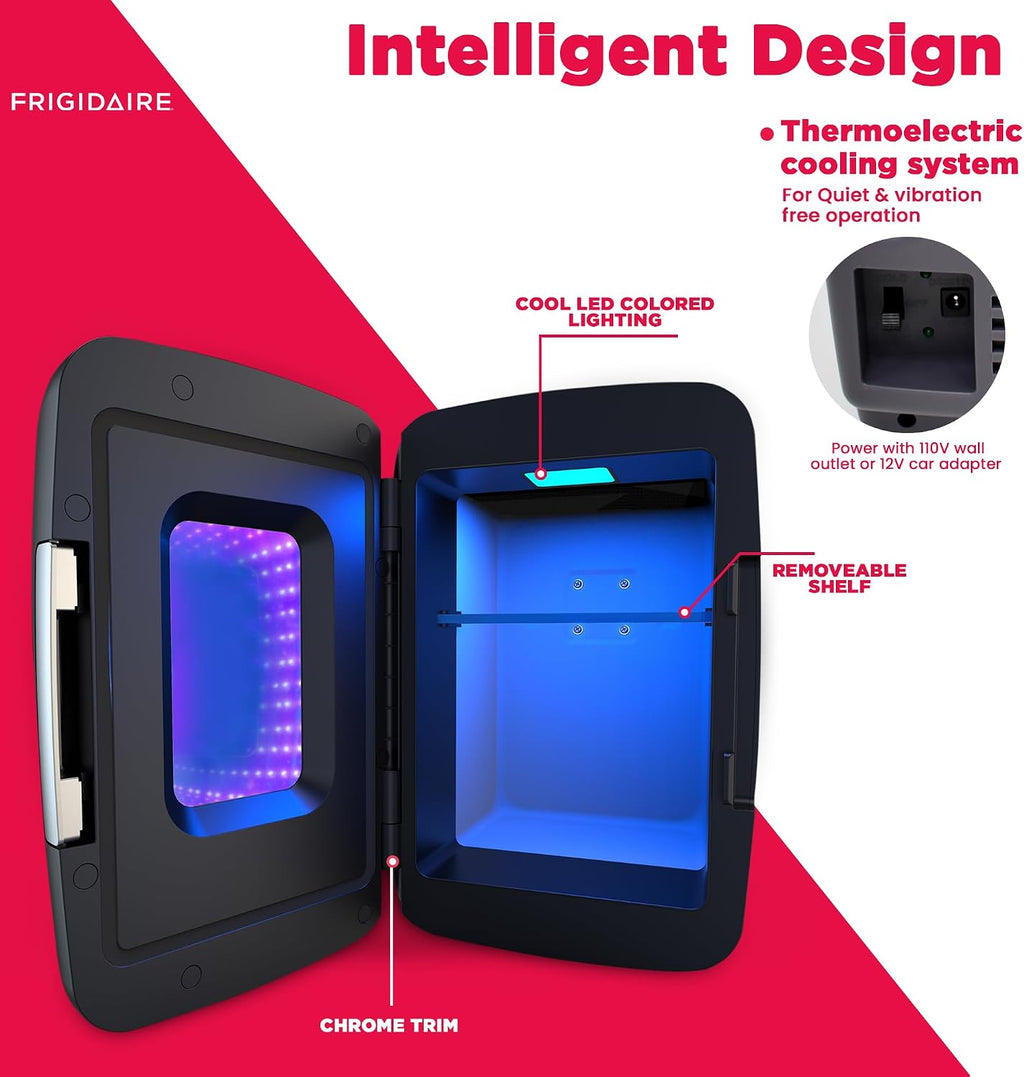 Frigidaire Gaming Light Up Mini Beverage Refrigerator, 6 can, 4 liters, Cooler with large see through door and LED lights Perfect for Gaming Experience, Home, Office, or Cars.12V Charger (Stealth)