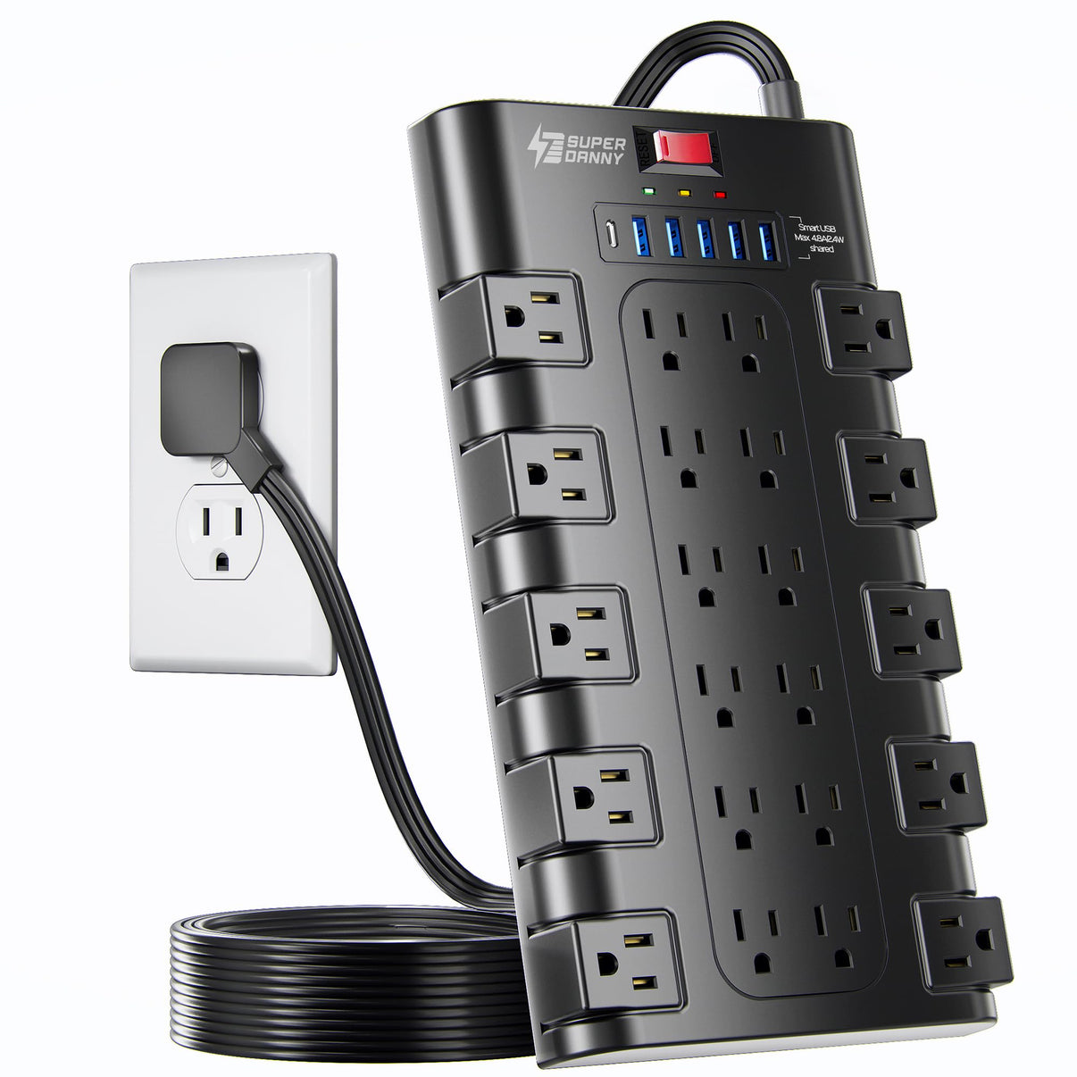 SUPERDANNY Power Strip Surge Protector, 22 AC 6 USB, 2100J, 6.5Ft,1875W/15A