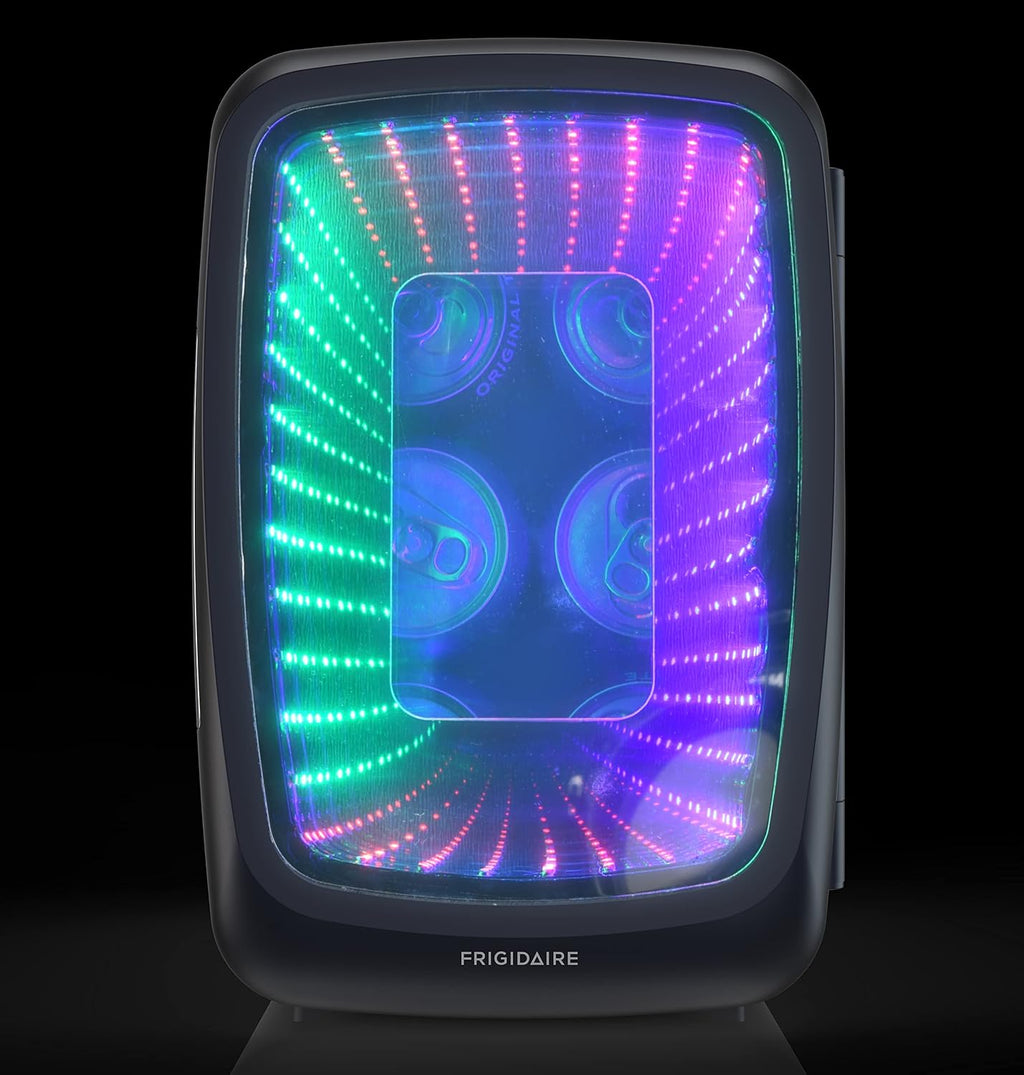 Frigidaire Gaming Light Up Mini Beverage Refrigerator, 6 can, 4 liters, Cooler with large see through door and LED lights Perfect for Gaming Experience, Home, Office, or Cars.12V Charger (Stealth)