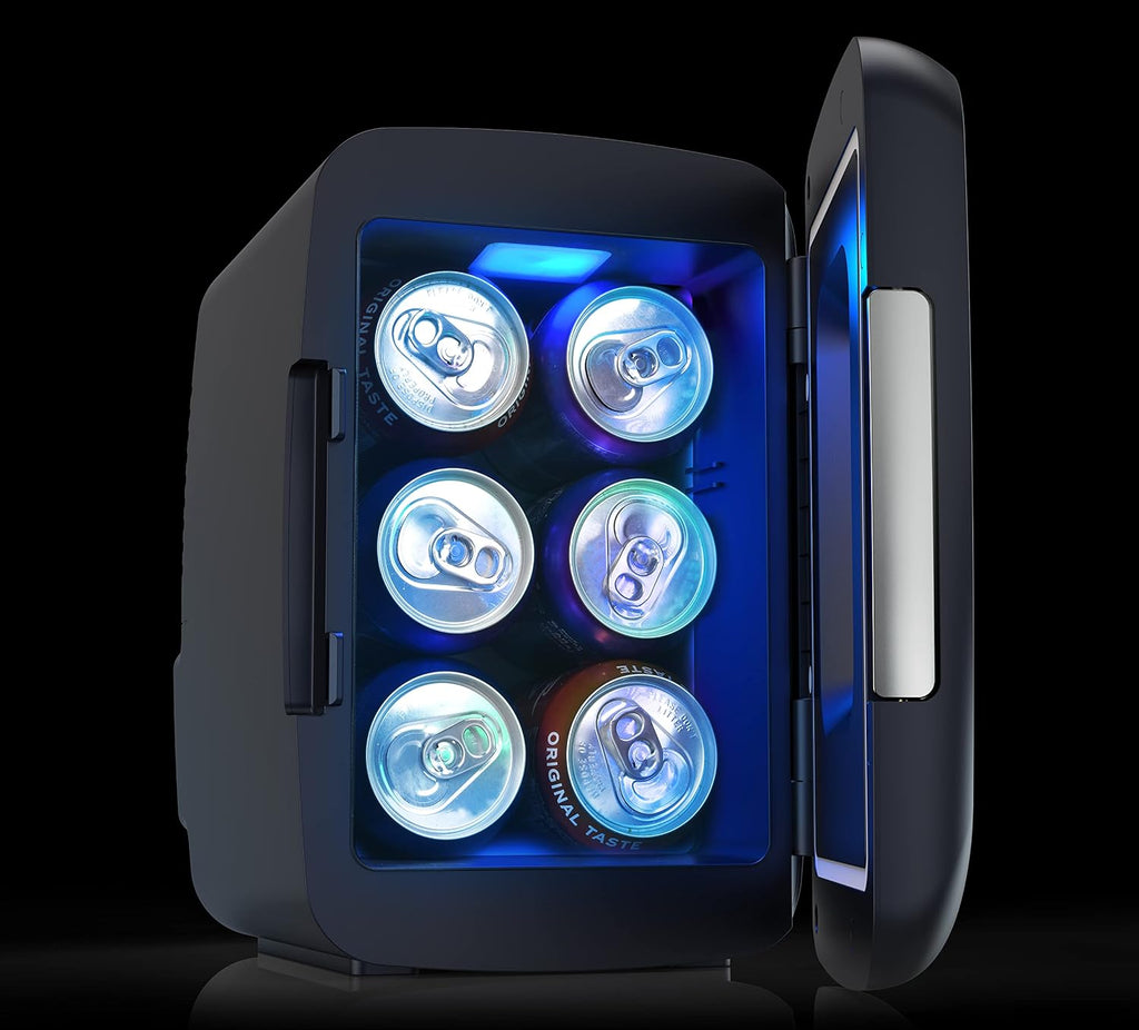 Frigidaire Gaming Light Up Mini Beverage Refrigerator, 6 can, 4 liters, Cooler with large see through door and LED lights Perfect for Gaming Experience, Home, Office, or Cars.12V Charger (Stealth)
